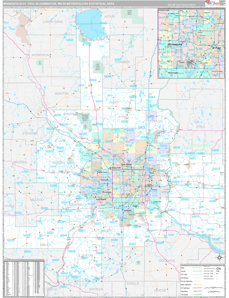 Minneapolis-St. Paul-Bloomington Metro Area Zip Code Wall Map